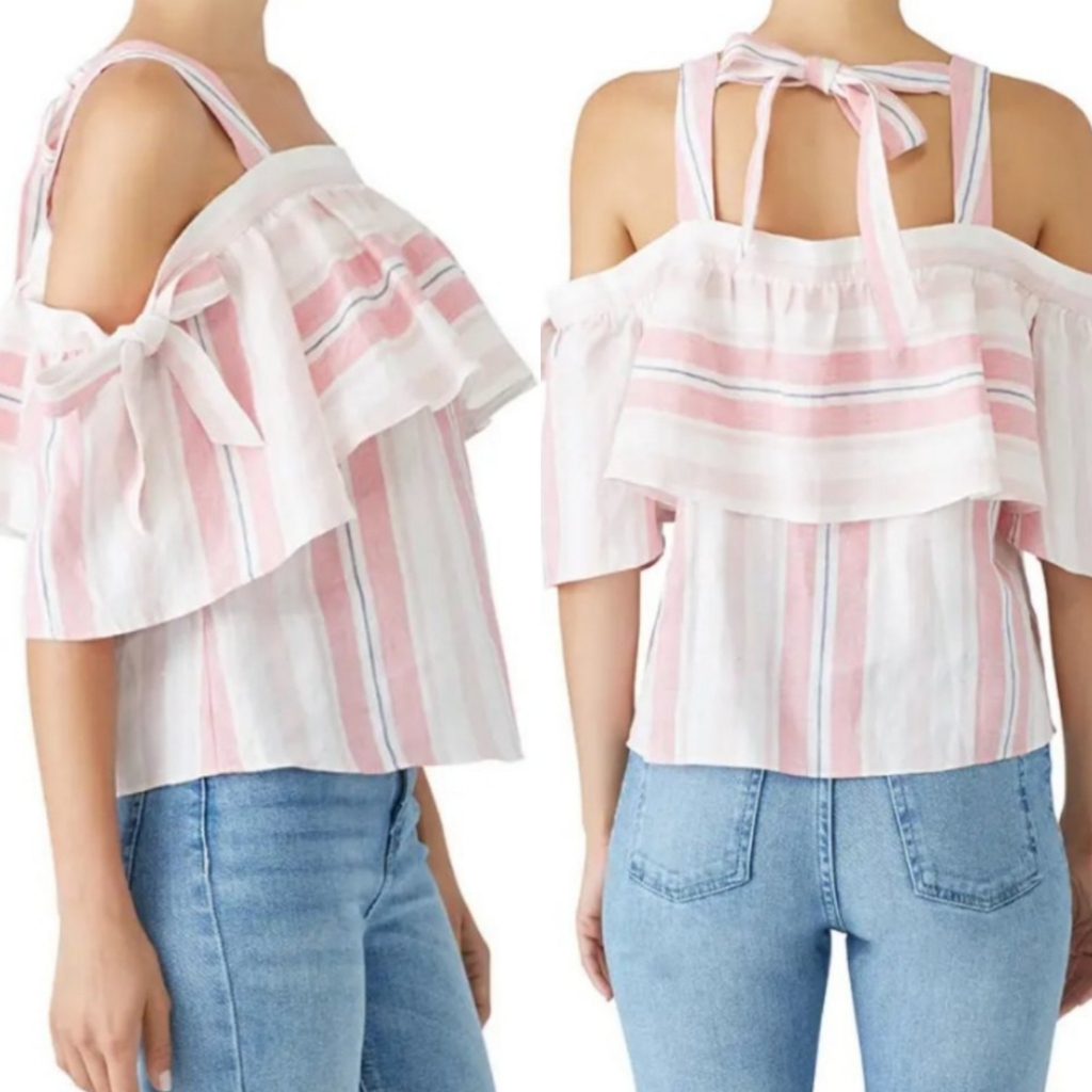 Parker Scotlyn Striped Linen Pink Flouncy Blouse Xs